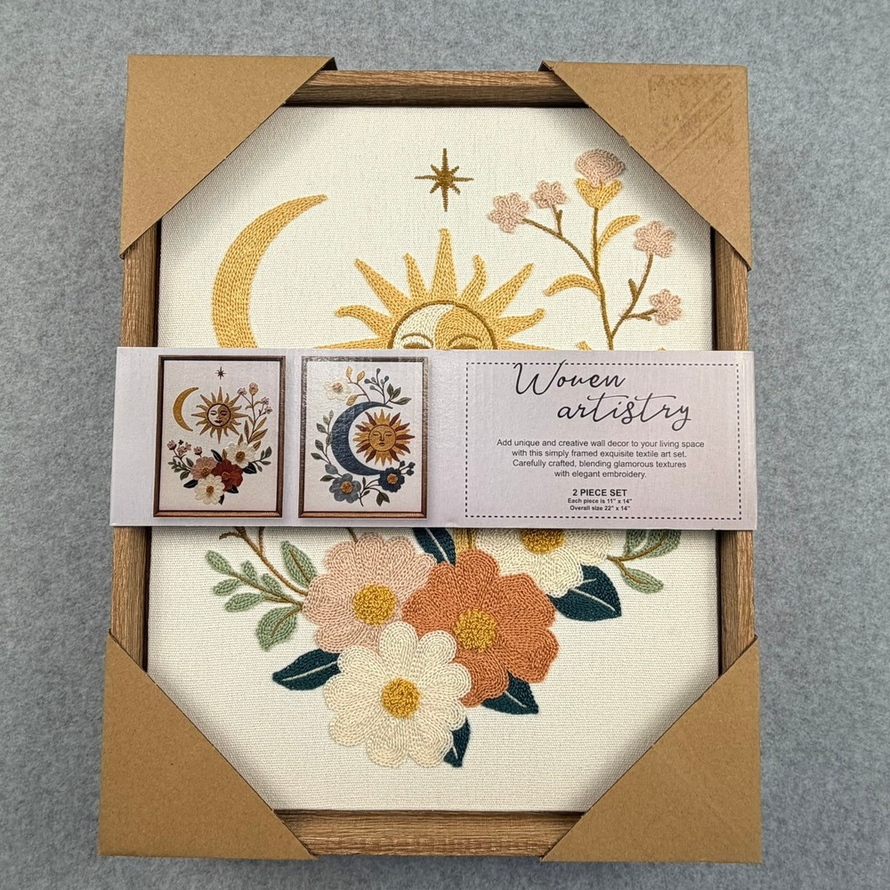 BP Home Woven Artistry 2pc Framed Textile Wall Art Sun Moon Floral Embroidery